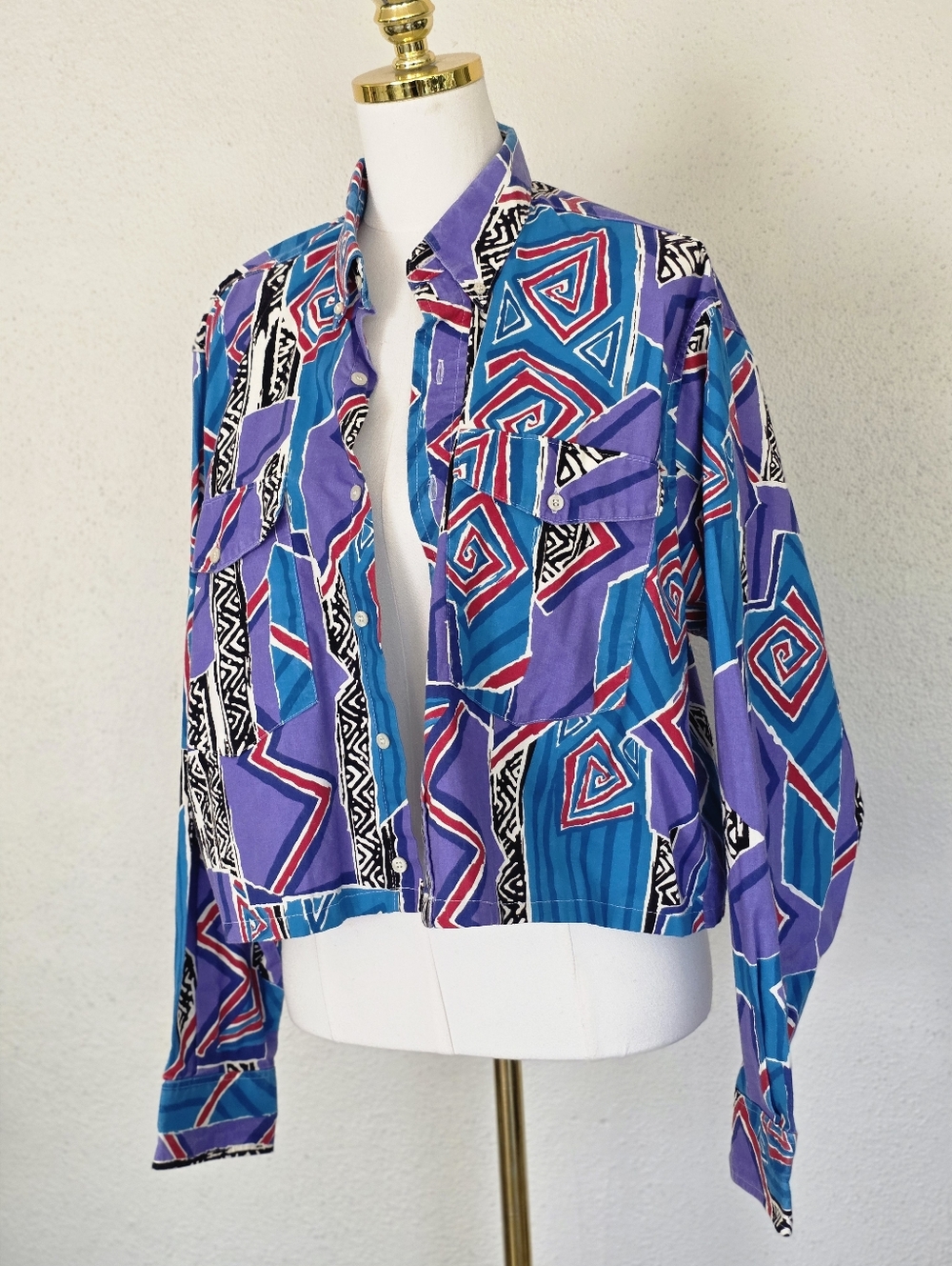 Vintage Cropped Western Shirt Geometric Print 90s Southwestern Button Up L